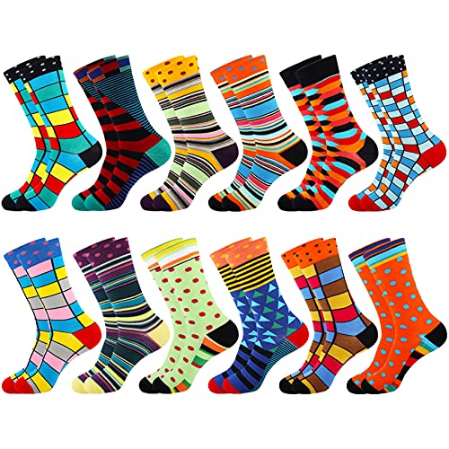 Jeasona Mens Funny Fun Crazy Dress Crew Socks Pack Funky Cool Gifts (Multicolored Geometry 12 Pairs)