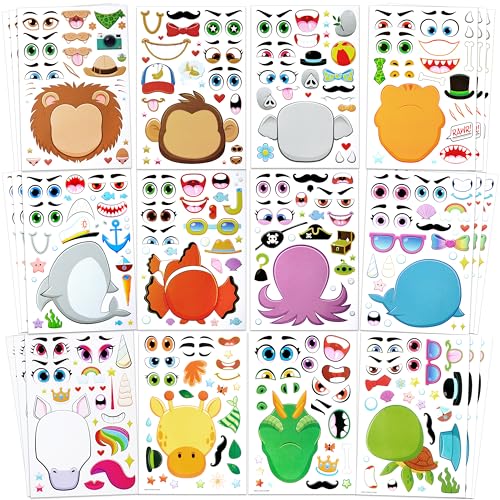 JOYIN 36 PCS 9”x6' Make-a-face Sticker Sheets Make Your Own Animal Mix and Match Sticker Sheets with Safaris, Sea and Fantasy Animals Kids Party Favor Supplies Craft