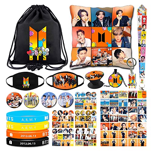 KINON BTS Gift Sets, Including Drawstring Bag Backpack, Pillow Cover, Face Masks, BTS Glossy Stickers, Button Pins, Bracelets, Lanyard, Phone Ring Holder, Keychain, Necklace, Lomo Cards