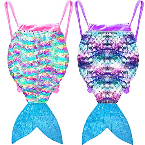 AGSDON 2PC Mermaid Bag, Sequin Drawstring Reversible Bags Gifts for Girls