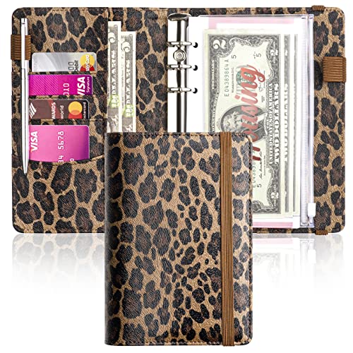 A6 Budget Binder for Money Saving Binder, PU Leather Budget Planner with Cash Envelopes, Budget Sheets & Rose Gold Category Stickers, Budget Wallet Money Organizer for Cash Binder (Leopard)