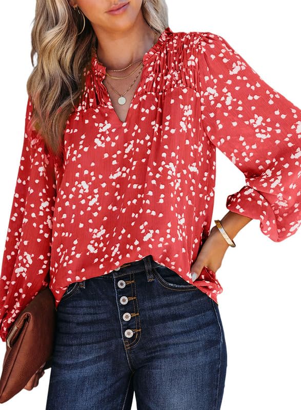 Dokotoo Womens Ladies Plus Size Summer Tops V Neck Chiffon Blouses Casual Smocked Long Sleeve Tee Shirts 2024 Trendy Work Business Bohemian Top X-Large Red