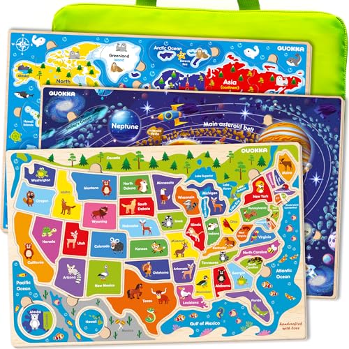 Wooden Puzzles for Toddlers 3-5 by QUOKKA – 3 Educational Wood Puzzles for Kids Ages 4-6 – Learning United States Game for 6-8-10 yo – Gift World, Space and USA Maps for Boys and Girls