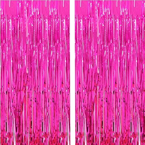 2 Pcs 3.2ft x 8.2ft Shiny Hot Pink Metallic Tinsel Foil Fringe Curtains Photo Booth Backdrop for Birthday Wedding Holiday Celebration Bachelorette Party Decorations (Hot Pink)
