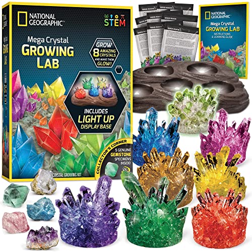 NATIONAL GEOGRAPHIC Mega Crystal Growing Kit for Kids- Grow 8 Crystals with Light-Up Stand, Science Gifts for Kids 8-12, Crystal Making Experiment, Science Kit for Girls and Boys (Amazon Exclusive)
