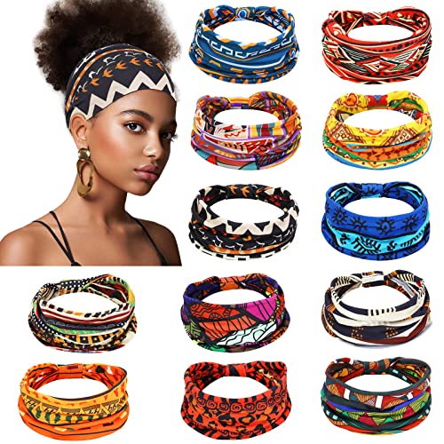 12 Pcs African Headbands for Women Head Wraps Hair Wrap Yoga Boho Chiffon Knotted Assorted Bandeau Headbands Wide Yoga Elastic African Gifts Hair Accessories for Girls Lady Running Sports (Vivid)