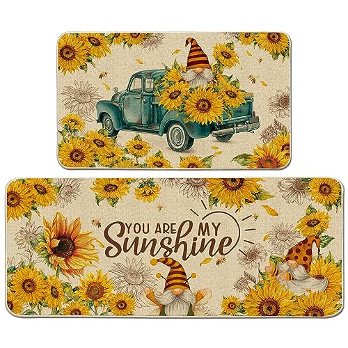 Cusugbaso Sunflower Kitchen Decor, Sunflower Kitchen Rugs Set of 2 - Farmhouse Gnomes and Truck Kitchen Mat for Floor - Spring and Summer Sunflower Decor and Accessories for Home 17'x27+17'x47'