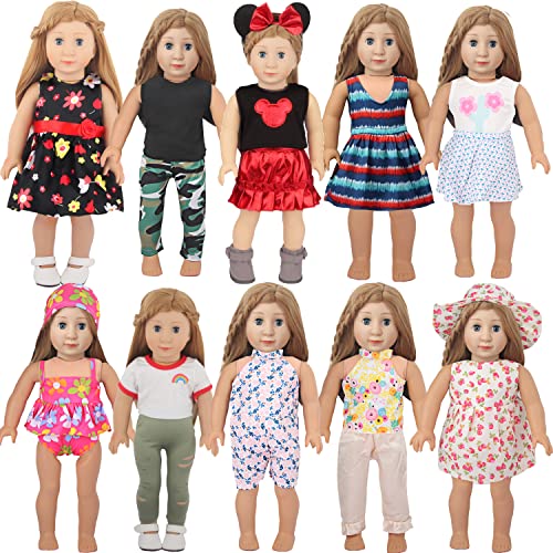 MSYO 19 Pcs Doll Clothes Accessories for 18 Inch American Dolls, 10 Complete Doll Clothing Sets, Doll Dresses, Doll Bikini Swimsuits, Minie Pattern Clothes Set, Sweet Doll Costumes for Cute Dolls