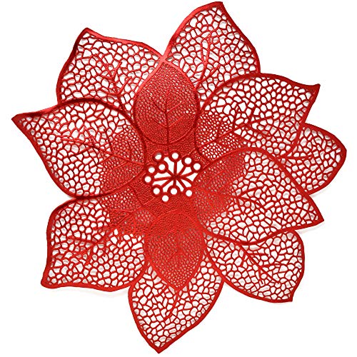 Christmas Poinsettia Place Mats Set of 4 Red Festive Vinyl Table Mat Washable for Holiday Table Top Doilies Centerpieces Decorations 17.5” Diameter