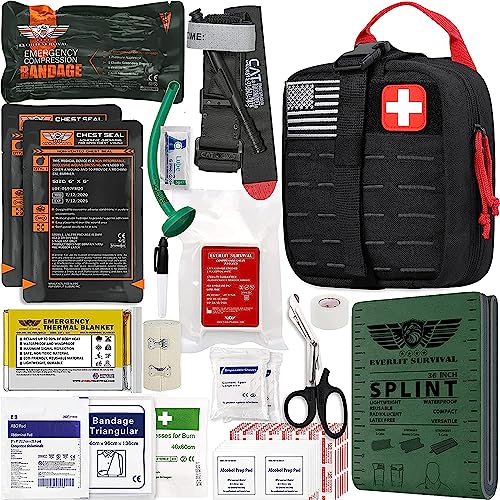 EVERLIT Advanced Emergency Trauma Kit, CAT GEN-7 Tourniquet Mil-Spec Nylon Laser Cut Pouch with 36' Splint, Military Combat Tactical IFAK for First Aid Response Bleeding Control (Black)