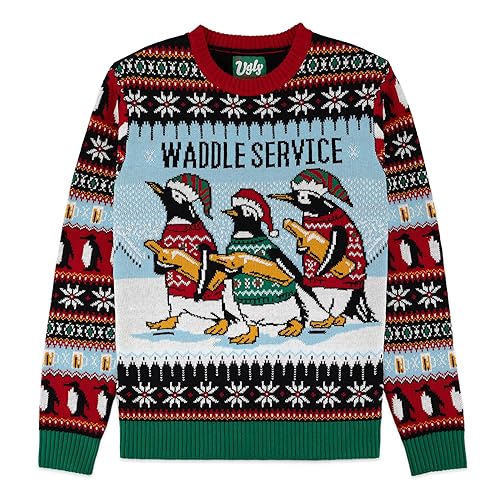 The Ugly Sweater Co. Ugly Christmas Sweater for Holiday Fun Tacky Unisex Design, Perfect Snug Fit Breathable Crewneck (Black - Waddle Service, Medium)
