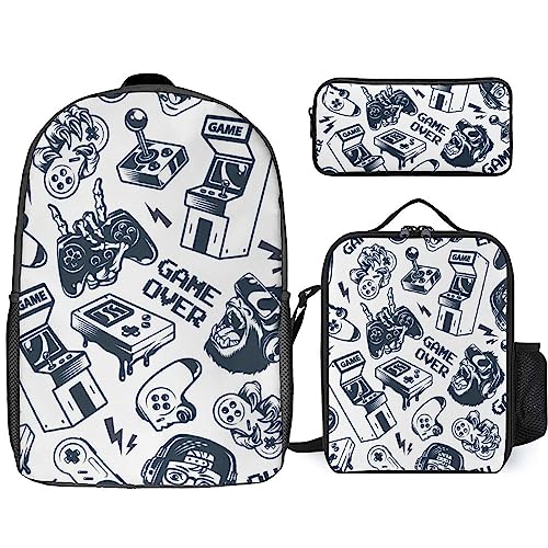 Wiqodme Retro Gaming Joystick Gamepad Gorilla Arcade Game Backpack 3 Piece Set with Lunch Box Pencil Case Laptop Daypack Lunch Bag for Men Women Travel