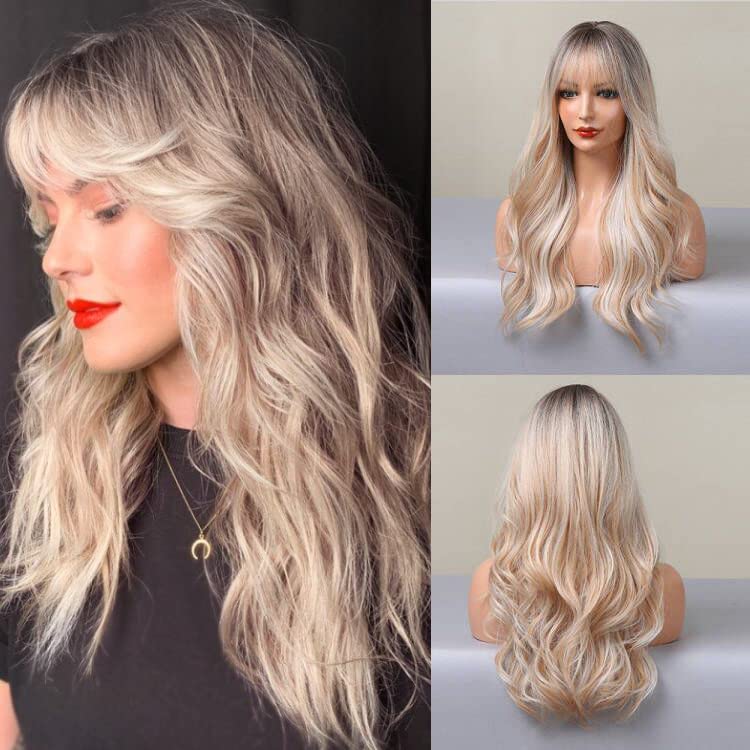 Long Blonde Highlight Wigs, Blonde Curly Wavy Wigs for Women, Honey Blonde Mixed Platinum Blonde Natural Looking Synthetic Wig with Bangs, Hair Replacement Colored Wigs for Daily Cosplay Party Halloween Costume 24 inches