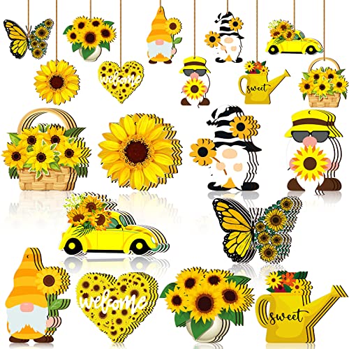 Sunflower Gnome Wooden Ornament Yellow Flower Gnome Hanging Wooden Pendant Summer Tree Ornaments with Rope for Sunflower Theme Birthday Party Favor Supplies (Vivid Style, 30 Pcs)