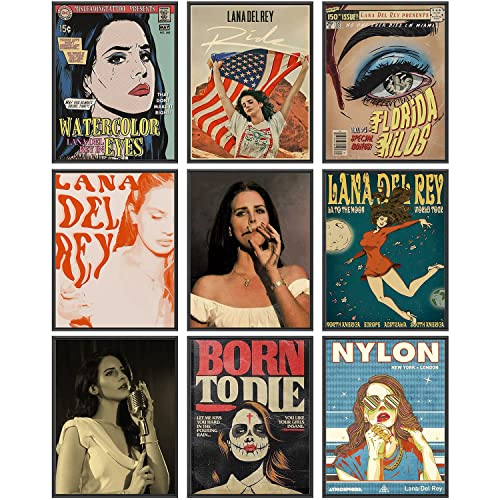 IZOOMIHOME Lana Del Rey Aesthetic Poster, Vintage Music Posters, Album Cover Inspired Wall Art, Lana Gifts Merch, Room Decor Aesthetic (Set of 9, 8in x 10in, Unframed)