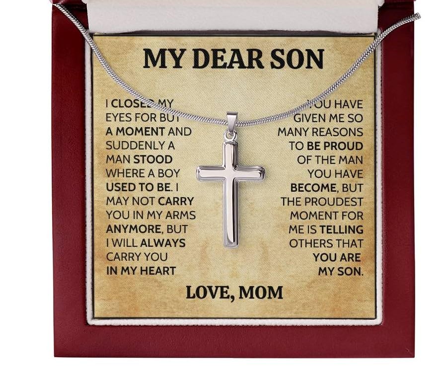 To My Son Necklace From Mom, Gifts for Son from Mom and Dad, for Son from Dad, Father to Son Gifts, Necklace for My Son on Birthday Graduation Christmas Faith Cross Necklace Present (Lux Led Box, From Mom)