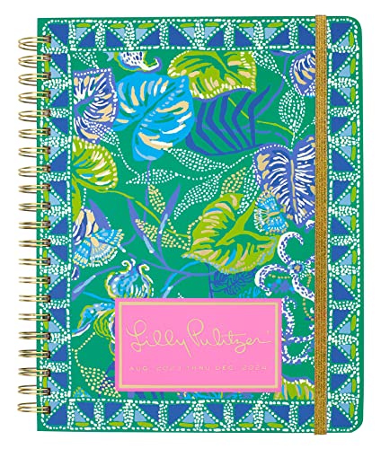 Lilly Pulitzer Daily Planner 2023-2024, Jumbo Agenda Dated August 2023 - December 2024, Weekly Planner with Monthly Calendar, Stickers, Pockets, & Spiral Binding, Blue/Green Hardcover Cute Planner, In a Flutter