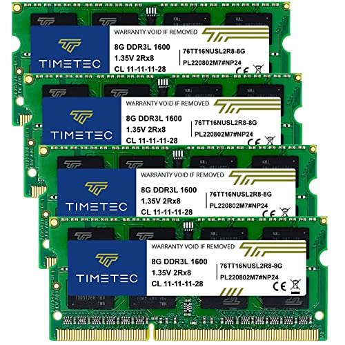 Timetec 32GB KIT(4x8GB) DDR3L / DDR3 1600MHz (DDR3L-1600) PC3L-12800 / PC3-12800 Non-ECC Unbuffered 1.35V/1.5V CL11 2Rx8 Dual Rank 204 Pin SODIMM Laptop Notebook PC Computer Memory RAM Module Upgrade