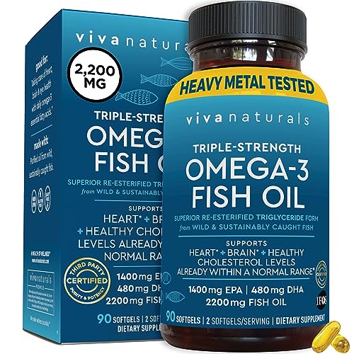 Viva Naturals EPA DHA Omega 3 Supplement, Triple-Strength Wild Caught Fish Oil Pills, Supports Heart and Brain Health, 2000 mg Omega 3 Fatty Acids per Serving Including EPA and DHA, 90 Softgels