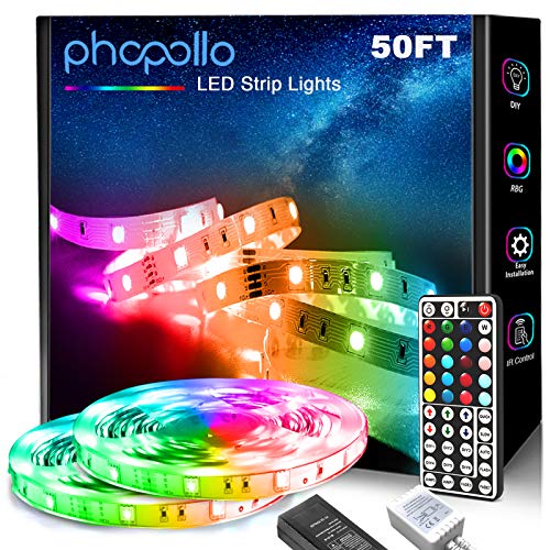 phopollo LED Lights for Bedroom 50FT, 5050 LED Strip Lights with 44 Key IR Remote Controller and 12V Power Supply for Home Decoration