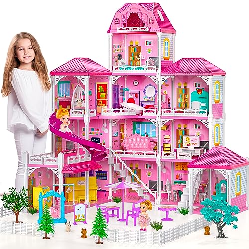 Dream Doll House Girls Toys- 4-Story 12 Rooms Playhouse 4-5 Year Old w/ 2 Dolls, Dollhouse Furniture Accessories, Pretend Cottage Toy House, Toddler for Kids Ages 3 4 5 6 7