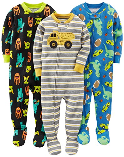 Simple Joys by Carter's Baby Boys' Snug-Fit Footed Cotton Pajamas, Pack of 3, Black Monster/Blue Dinosaur/Grey Stripe, 12 Months