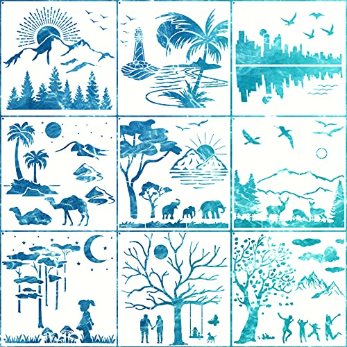 Keeoye 9 Pieces Forest Landscape Stencil Mountains Rivers Stencils with Metal Open Ring Reusable Human Nature Templates DIY Elephant Animal Drawing Template for Painting on Wood Wall Decor