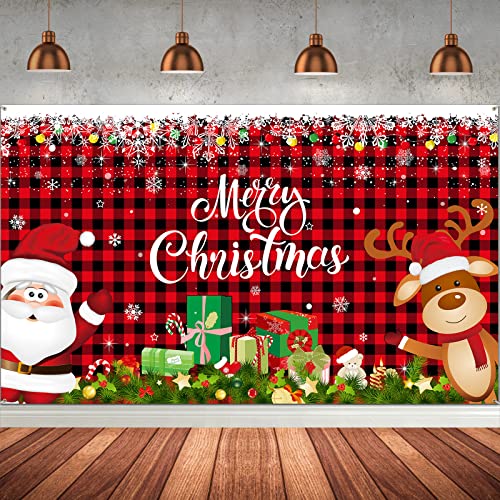Irenare Christmas Banner Backdrop Santa Claus Reindeer Merry Christmas Banner Indoor for Xmas Holiday Party Photo Booth Photography Wall Hanging Decor, 72.8 X 43.3 Inch(Black-red, Plaid Pattern)