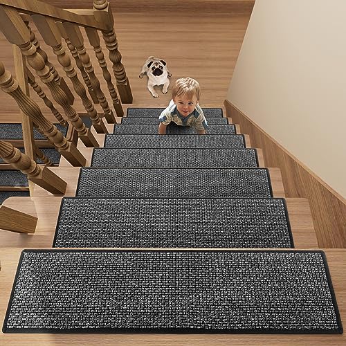 Stair Treads Carpet 4 pcs for wooden steps with Non Slip Rubber Backing, 100% Polyester Soft Stairs Resistant Indoor Skid Runner Safety Rugs for Kids Elders and Pets 30' * 8' (Dark Gray)