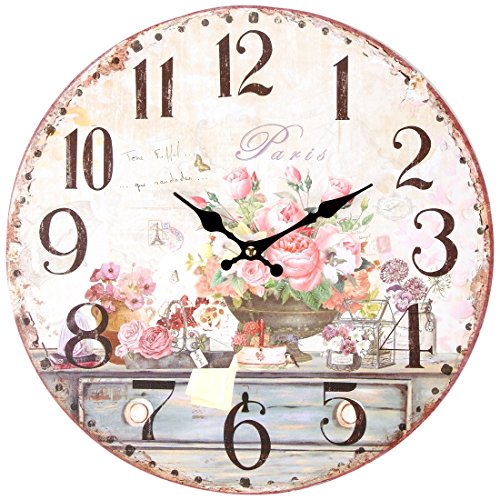 Lily's Home Vintage Inspired French Pink Flowers Kitchen Wall Clock, Battery-Powered with Quartz Movement, Ideal Gift for Paris or Coffee Lovers (13' Diameter)