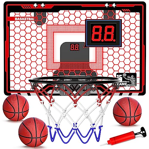 HopeRock Indoor Basketball Hoop for Kids, Indoor Over The Door Mini Basketball Hoops, LED Light Mini Hoop with Electronic Scoreboard, Birthday Toys Gifts for 5 6 7 8 9 10 11 12+ Year Old Boys