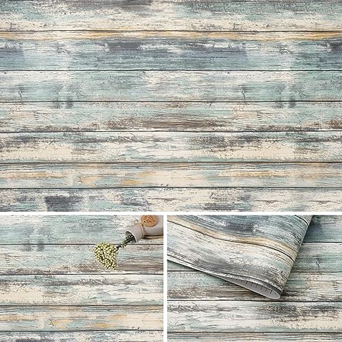 Arthome Blue Rustic Wood Paper 17''x240'' Self-Adhesive Removable Wood Peel and Stick Wallpaper Vinyl Decorative Wood Plank Film Vintage Wall Covering for Furniture Easy to Clean Wooden Grain Paper