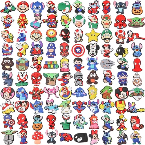 100 Pack Anime Crock Shoe Charms Bulk Pins for Croc Boys Girls, Cartoon Charms Accessories Different No-Repeat Shoes Decorations Accessories Kids Birthday Party Gifts