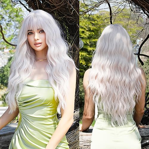 TRUMOST Long Platinum Blonde Wavy Wig for Women - Synthetic Wig with Bangs, Heat Resistant Natural Looking Wave Glueless Wig for Girls Daily Party Costume 26 inch