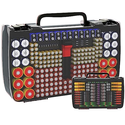 Aptbyte Battery Organizer Storage Holder Box Case with Tester- 269 Batteries Double-Sided Variety Pack, Holds AA AAA 4A C D Cell 9V 3V Lithium LR44 CR2 CR123 CR1632 18650 Button- Grey