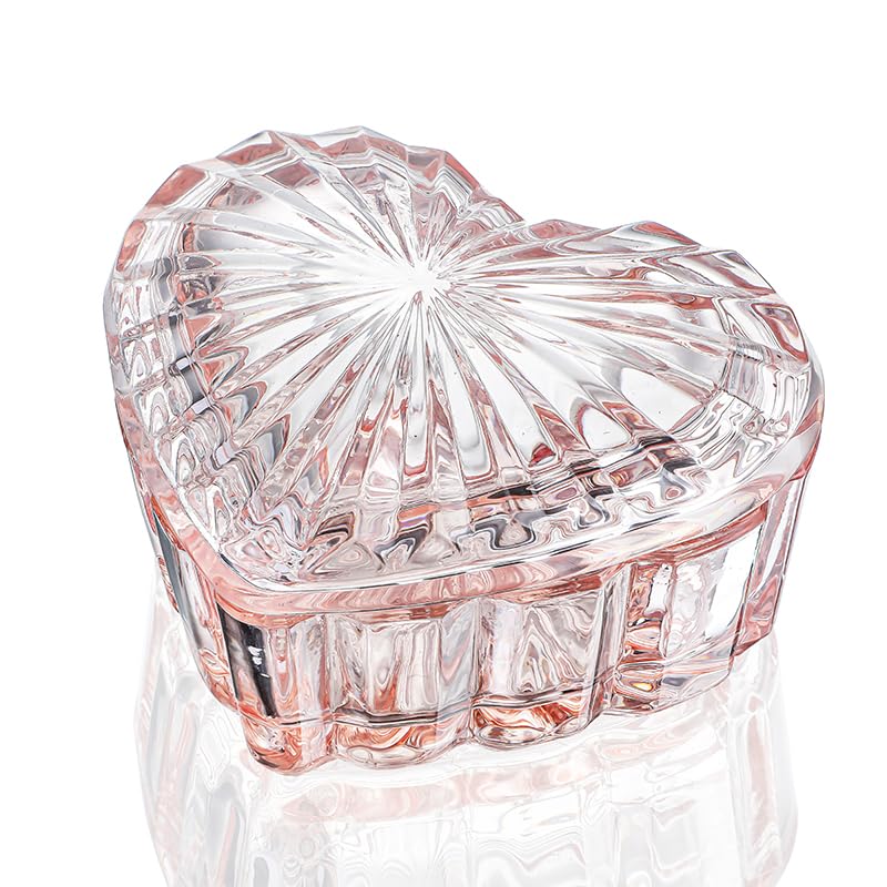 kanpura Glass Heart Shaped Jewelry Box Candy Dish with Lid Ring Earring Trinket Storage Box Vintage Jewelry Organizer Decorative Jar Gift for Women Girls(Pink)