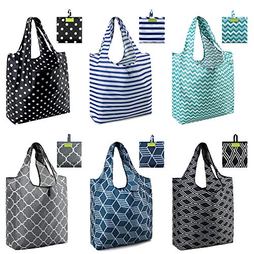 BeeGreen Shopping Bags Reusable Grocery Tote Bags 6 Pack XLarge 50LBS Ripstop Geometric Fashion Machine Washable Nylon Recycling Bags with Pouch Bulk Black Gray Blue Navy Teal Christmas