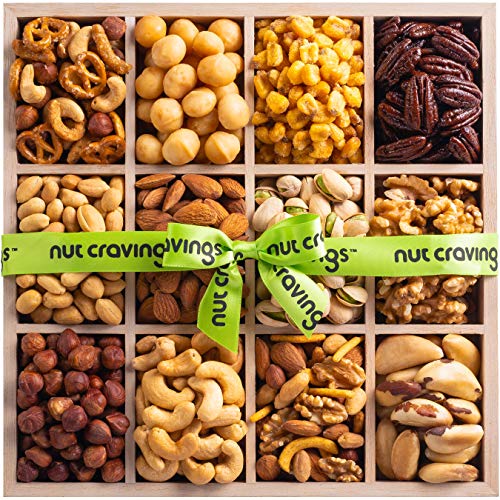 Nut Cravings Gourmet Collection - Mixed Nuts Gift Basket in Reusable Wooden Tray + Green Ribbon (12 Assortments) Arrangement Platter, Healthy Kosher USA Made