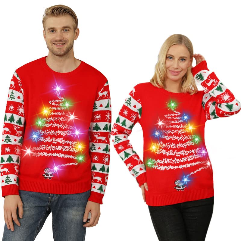DUOLZ Ugly Christmas Sweaters for Women Men 2023,Light Up Christmas Sweater,Unisex Funny Cute Xmas Tree Ugly Sweater for Couples Red-Green
