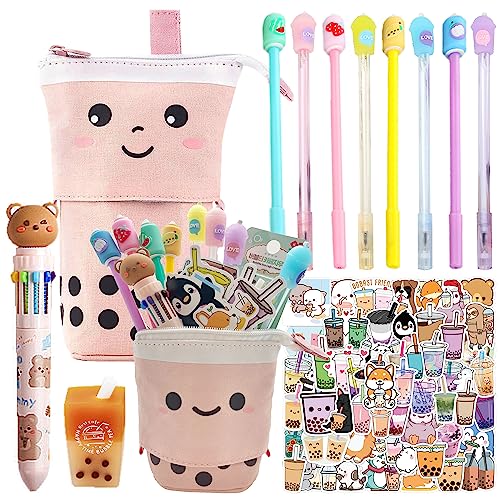Primo Lines Kawaii Pencil Case and Complete 61 PCS Pink Stationary Set with Pop Up Cute Boba Case, 8 Pens, 50 Bubble Tea Stickers, Multi Color Pen For School Supplies