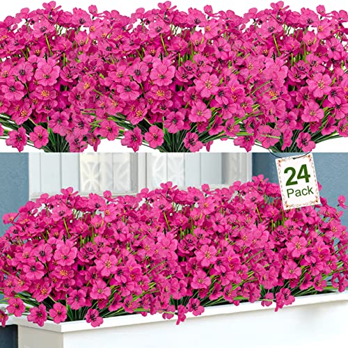 Ouddy Decor 24 Bundles Artificial Flowers for Outdoors Faux Plastic Plants Fake Flowers UV Resistant Greenery Shrubs for Garden Porch Window Box Home Decor (Rose Red)