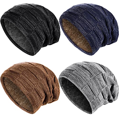 Men Beanie Hat Warm Slouchy Hats Men Knitted Beanie Hats Winter Fleece Lined Skull Cap for Men (Black, Navy Blue, Grey, Khaki, 4)
