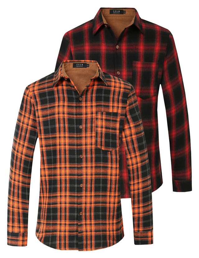 SSLR Flannel Shirts for Men Long Sleeve Button Down Shirt Lightweight Plaid Brushed Casual (XX-Large, Orange and Red)