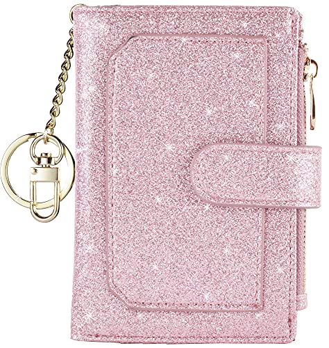 Womens Wallets RFID Small Compact Bifold Leather Card Holder Zip Pocket Keychain