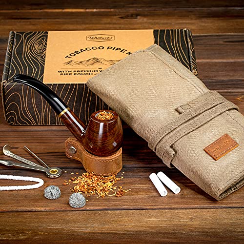 Whitluck's Tobacco Pipe with Waxed Canvas Pipe Roll, Handmade Wood Smoking Pipe with Ultimate Beginner Guide E-Book, Travel Tobacco Pouch - Smoking Gift Set and Accessories