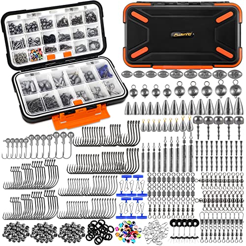 PLUSINNO 397pcs Fishing Accessories Kit, Fishing Tackle Box with Tackle Included, Hooks, Weights, Jig Heads, Swivels Snaps Combined into 12 Rigs, Fishing Gear Equipment for Bass
