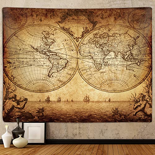 Old World Map Tapestry for Bedroom, Vintage Nautical Maps of the World Art Tapestries Wall Hanging for College Dorm Living Room Office Decor 60X40', Brown Pirate Treasure Map Poster Blanket