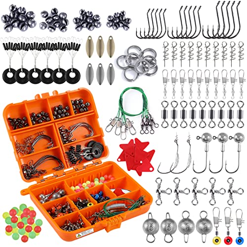 PLUSINNO Fishing Accessories Kit, 212pcs Bass/Trout Fishing Tackle Kit with Tackle Box Including Fishing Hooks, Swivel Snap, Weights Sinkers, Saltwater Freshwater Fishing Gear Equipment Stuff