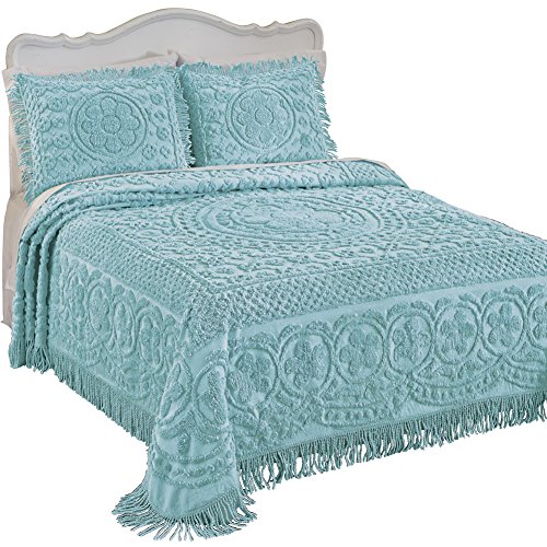 Collections Etc Calista Chenille Lightweight Bedspread with Fringe Border, Turquoise, Queen