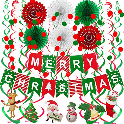 FECEDY Merry Christmas Banner Paper Fan Flower Circle Confetti Dots Hanging Garlandand Swirl Streamers Christmas Tree Christmas Snowman God Tang for Christmas Party Decoration